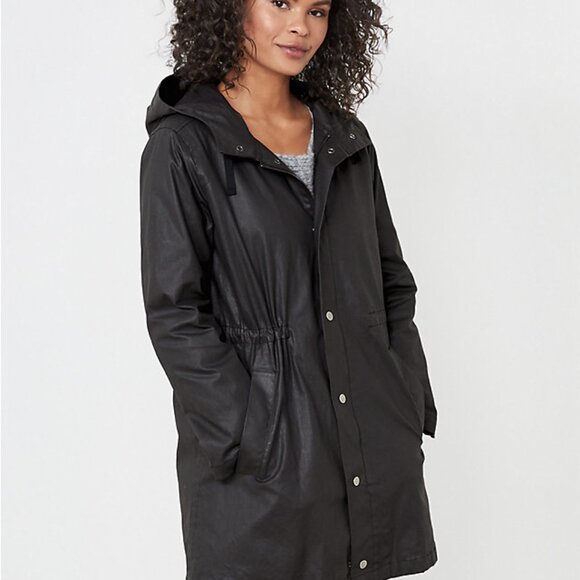 EILEEN FISHER Black Waxed Organic Cotton Twill Hooded Raincoat Sz S - Picture 5 of 10